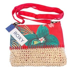 Roxy Eastern Cuba Crossbody Bag Red Floral Tropical Canvas Woven Straw NWT